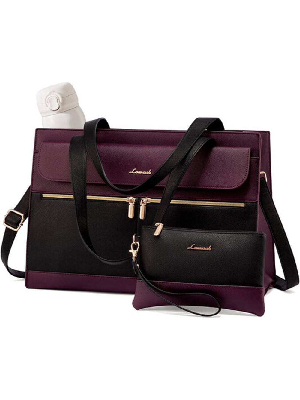 LOVEVOOK Women's Laptop Tote Bag 15.6" Purple Black Work Briefcase w/ Clutch